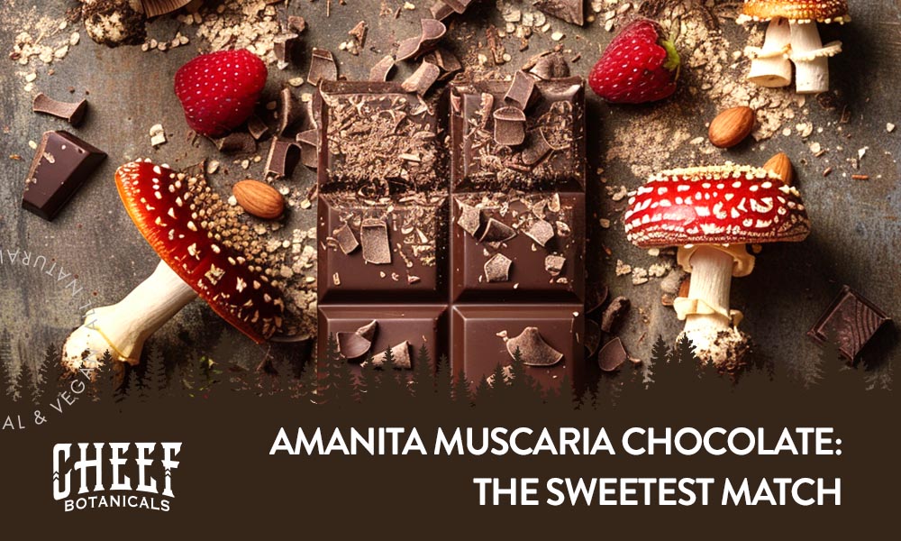 A bar of chocolate with amanita muscaria mushrooms all around it with the title "Amanita muscaria chocolate".
