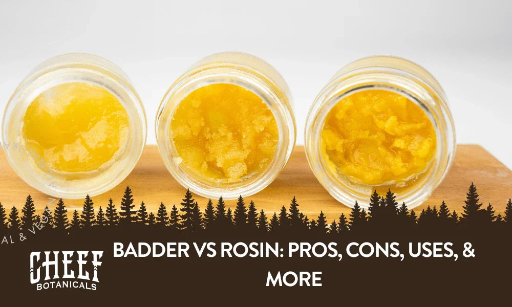 A bunch of badder and rosin sitting on a wooden table.