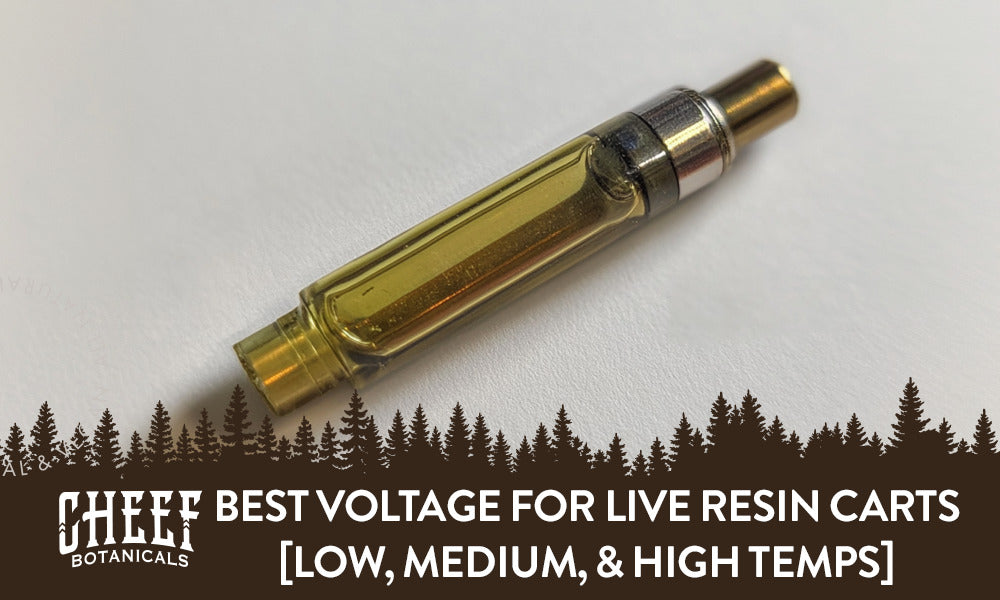 Best voltage for live resin carts featured blog image by Cheef Botanicals. Shows a full live resin cartridge