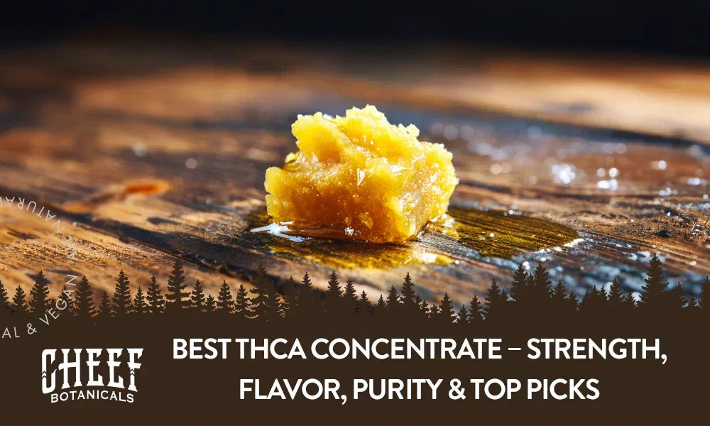 A cannabis concentrate sitting on a wooden table with the title "Best THCa concentrate".