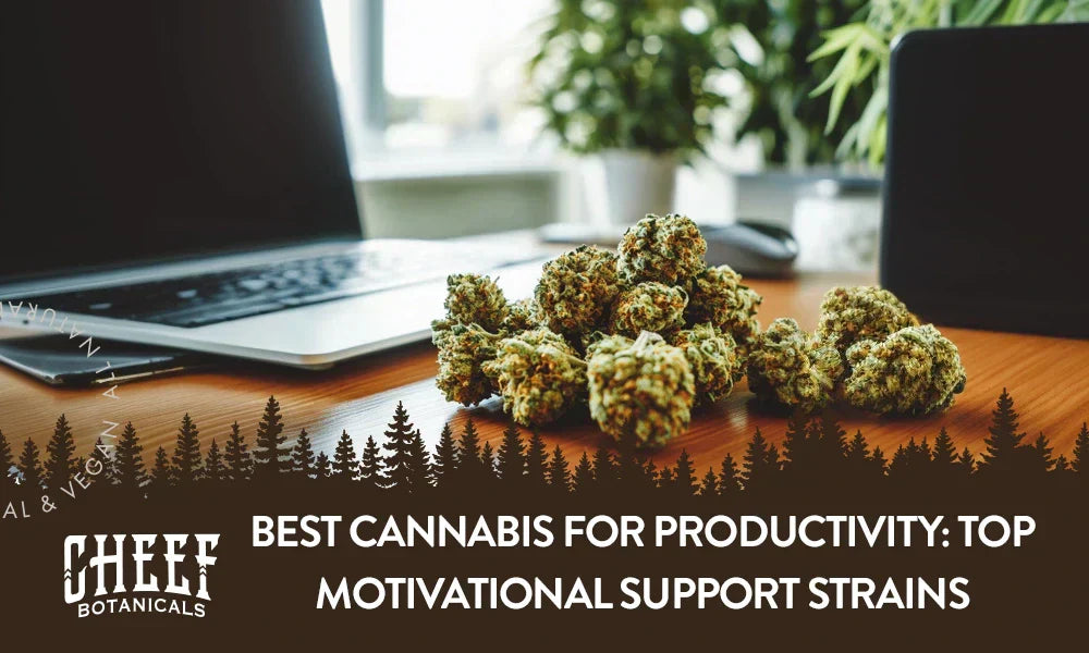 A bunch of cannabis sitting on a work desk with the title "Best cannabis for productivity".