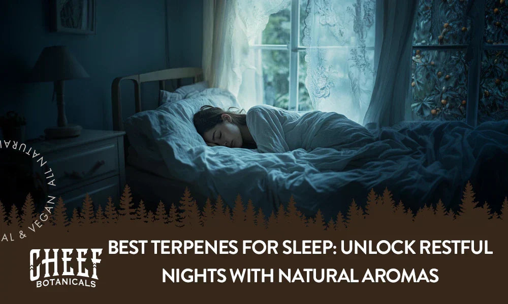 A woman sleeping in a bed with a blog title saying "Best terpenes for sleep".