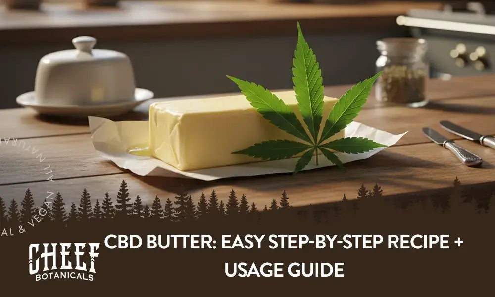 A stick of CBD butter sitting on a wooden table with a cannabis leaf lying on top of it.
