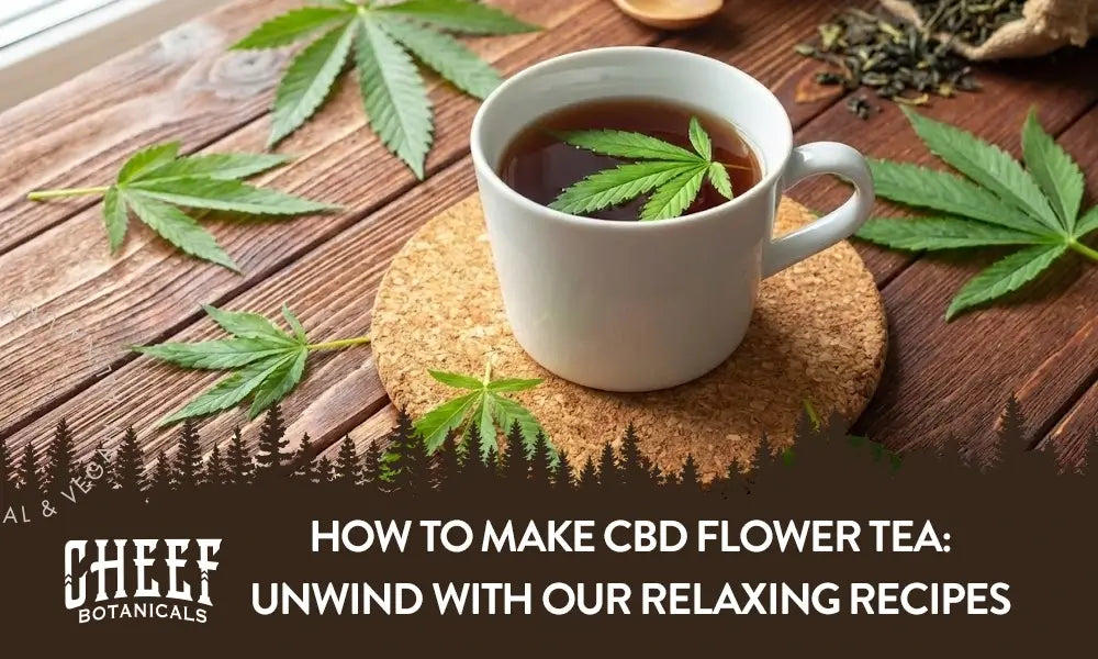 A cup of CBD flower tea sitting on a wooden table surrounded by cannabis leaves with the title "How to make CBD flower tea".
