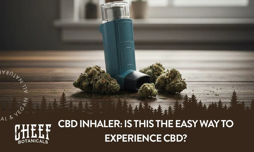 A CBD inhaler surrounded by CBD cannabis buds sitting on a wooden table.