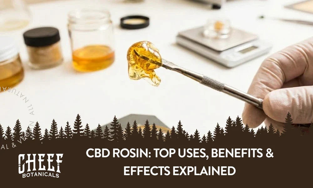 A person holding a glob of CBD rosin on a metal dab tool with the title "CBD rosin".