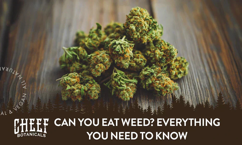 Can You Eat Weed featured blog image for Cheef Botanicals. Shows a pile of cannabis buds layed out on a wooden surface.