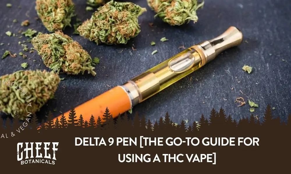 A delta 9 cannabis pen surrounded by delta 9 cannabis buds with the title "Delta 9 pen".