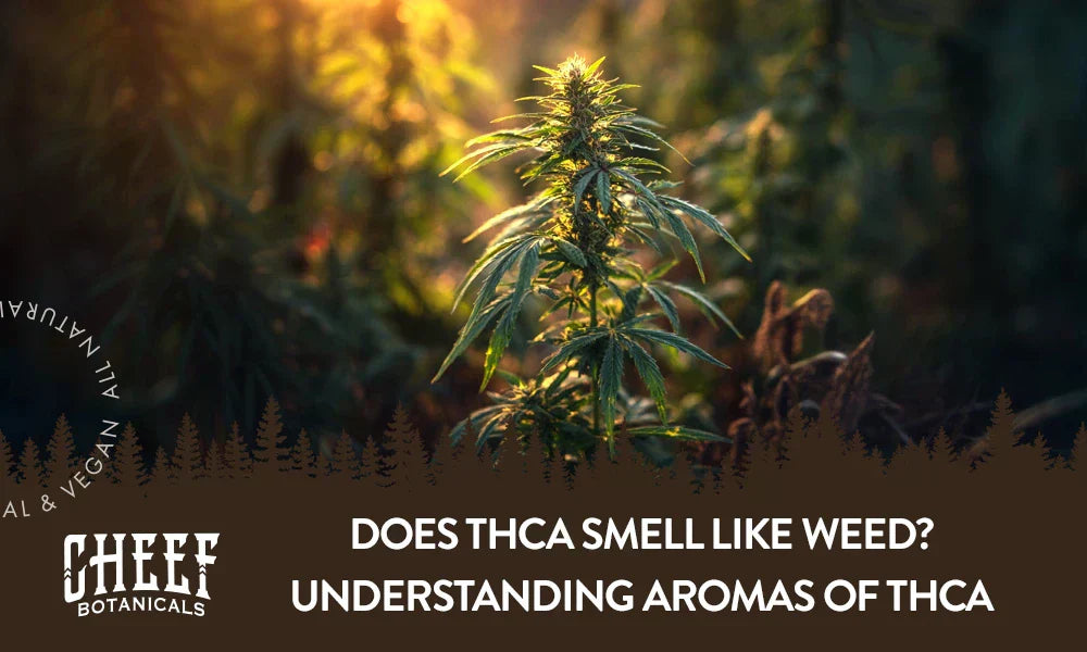 A cannabis plant growing outside with the title "Does THCa smell like weed".