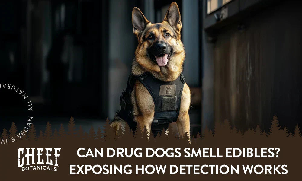 Can drug Dogs Smell Edibles featured blog image by cheef Botanicals. show a police service German Shepherd dog in uniform.
