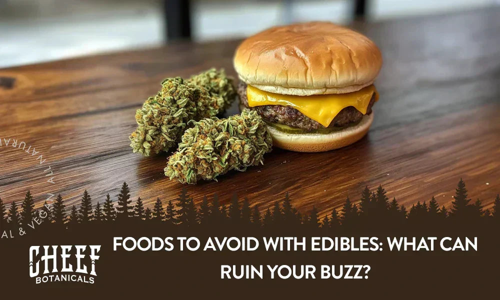 A cheeseburger and 2 weed buds sitting next to each other with a title saying "Foods to avoid with edibles".