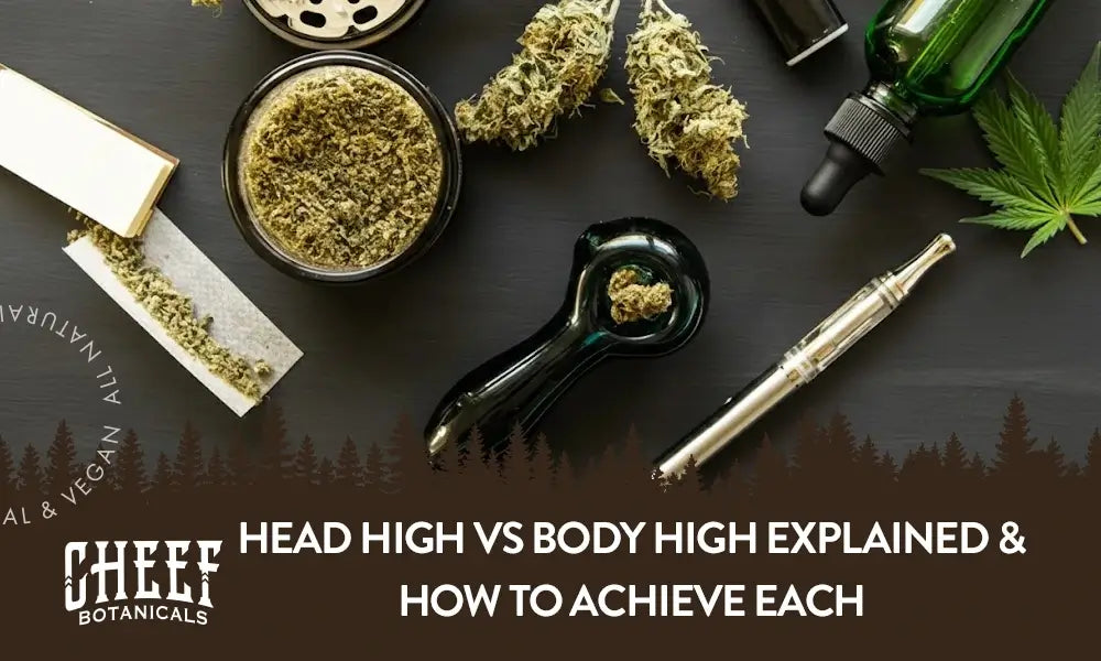 A bunch of different cannabis smoking devices on a table with the title "Head high vs body high".