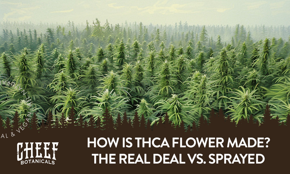 How is THCA flower made featured blog image by Chef Botanicals. Shows a field of THCa flower growing in the mist