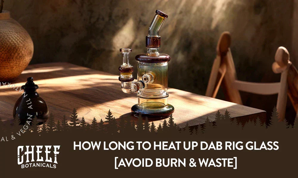 A dab rig sitting on a wooden table with the title "How long to heat up dab rig glass".