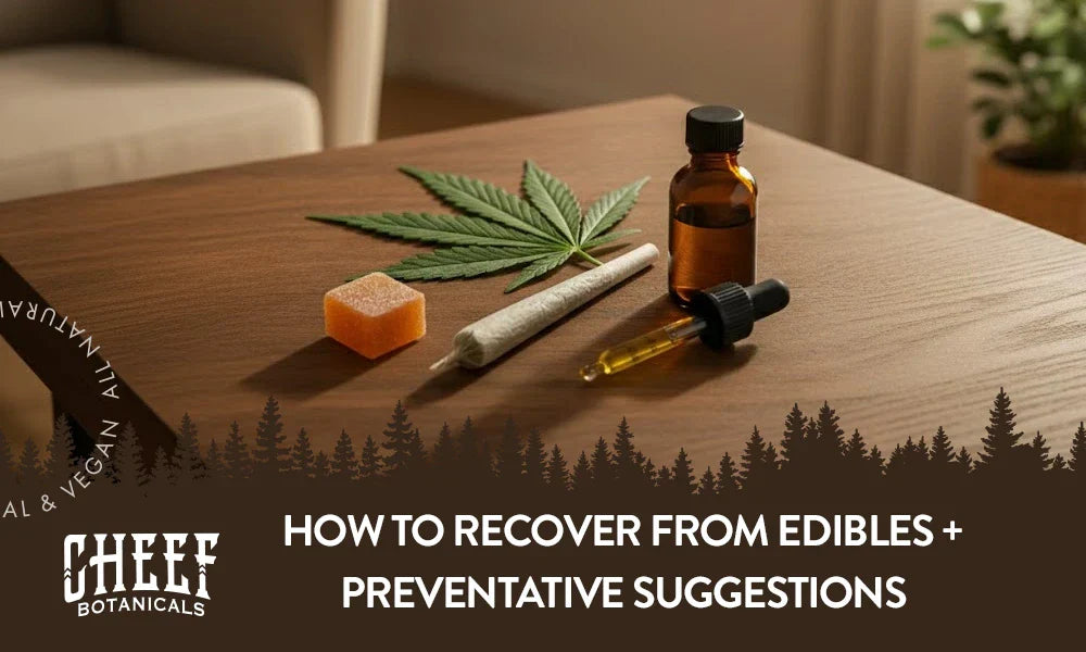 A cannabis edible, a joint, and a dropper filled with cannabis tincture sitting on a wooden table with the title "How to recover from edibles".