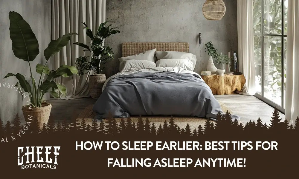 A bed in a bedroom with the title "How to sleep earlier".