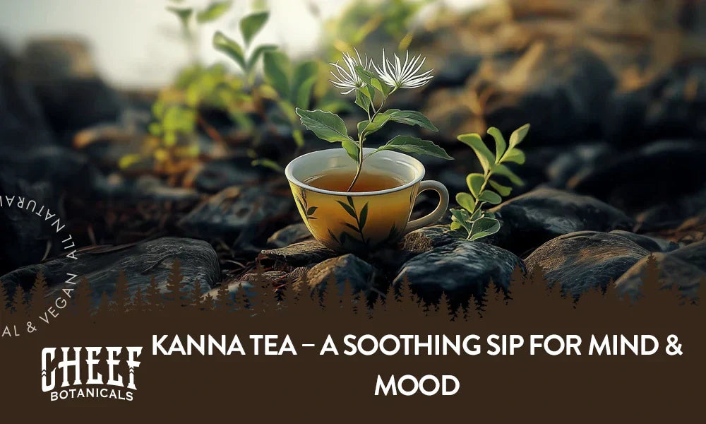A cup of kanna tea sitting outside on a couple rocks with the title "Kanna tea".
