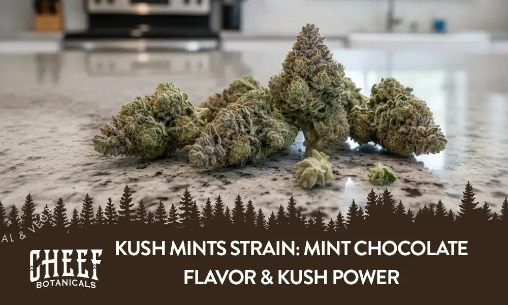 A bunch of Kush Mints cannabis buds sitting on a granite kitchen counter.