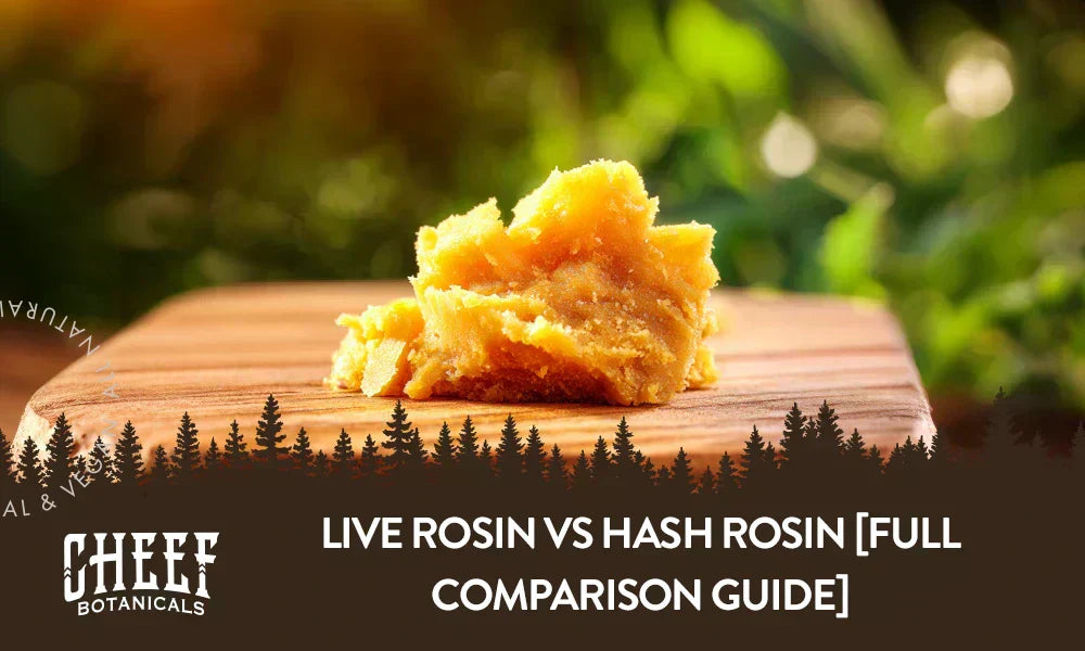 Live rosin sitting on a wooden table with the title "Live rosin vs hash rosin".
