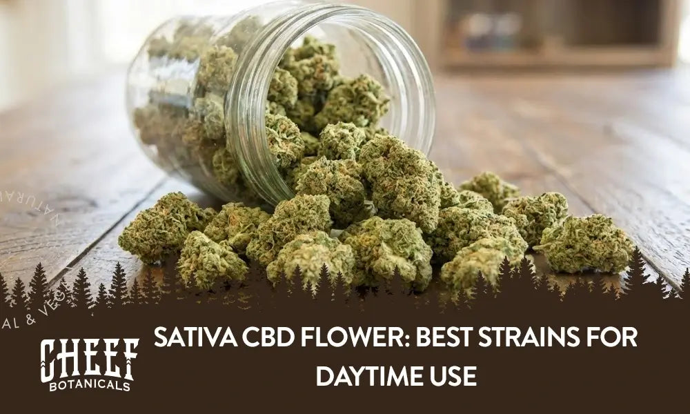 A bunch of sativa CBD flower spilling out of a mason jar onto a wooden table.