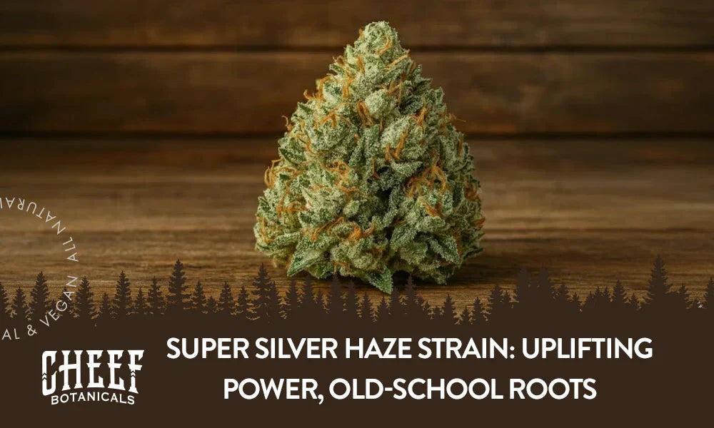 A Super Silver Haze cannabis bud sitting on a wooden table.