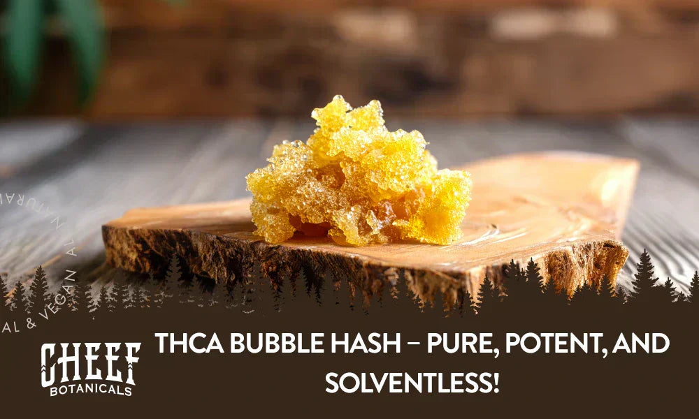 THCa bubble hash sitting on a wooden table with the title "THCa bubble hash".