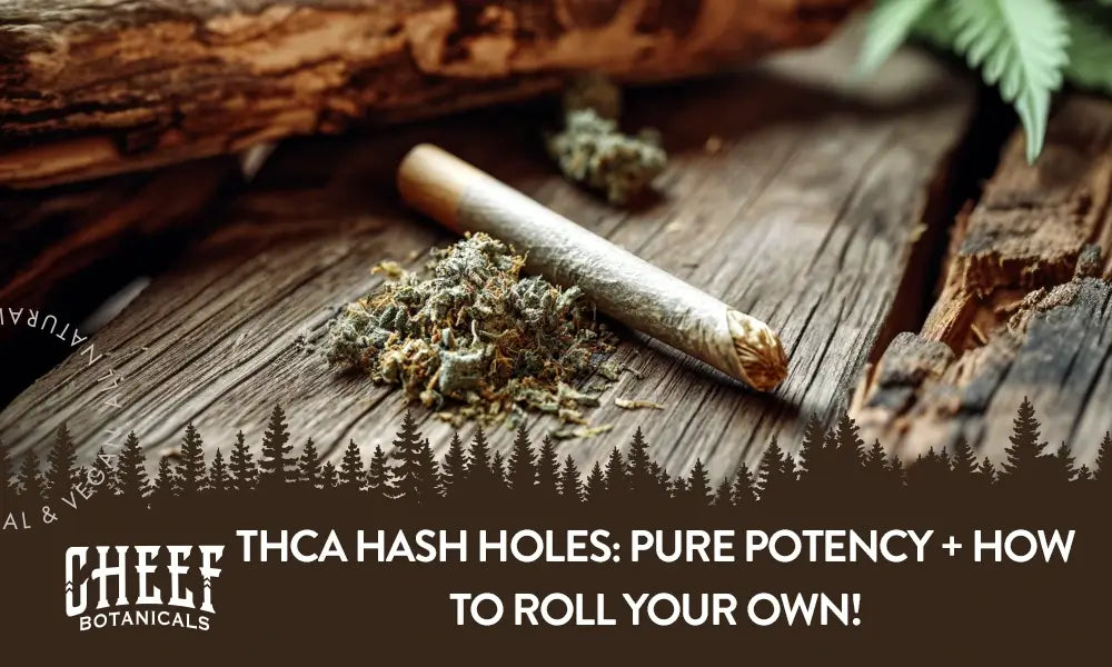 A THCa hash hole featured blog image by Cheef Botanicals. Shows a hash hole sitting on a wooden table with some cannabis buds close by.