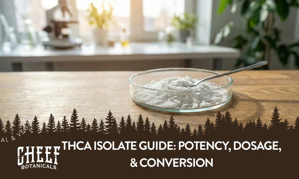 A bunch of THCa isolate sitting in a glass container on a wooden table.