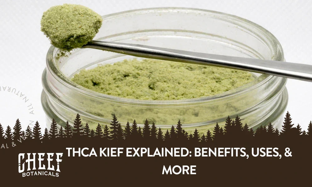 A bunch of THCa kief sitting in a glass container with a bunch of kief on a kief tool.