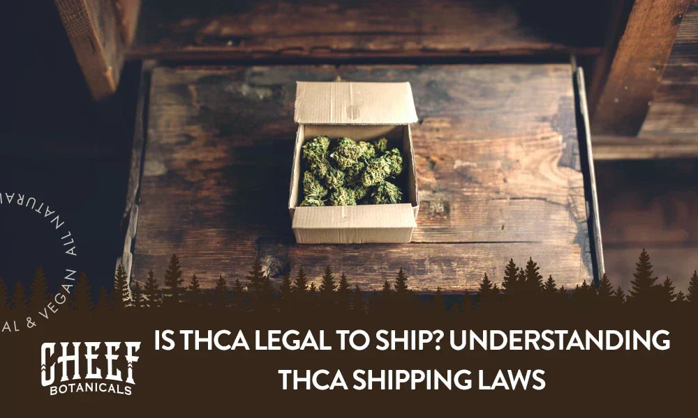 Is THCA legal to ship featured blog image by Cheef Botanicals. Shows a cardboard box of cannabis with the title "Is THCa legal to ship".