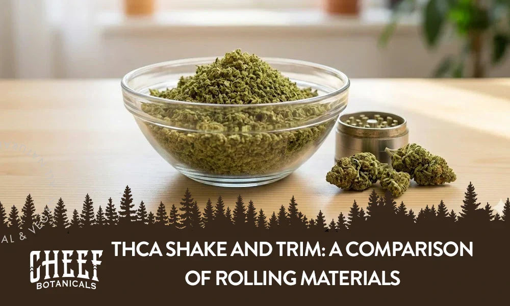 A bowl of THCa shake with a grinder and nugs sitting beside it with the title "THCa shake and trim".