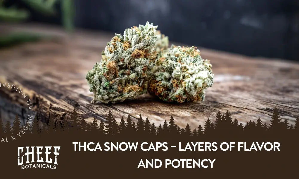 Two THCa snow cap buds sitting on a wooden table.