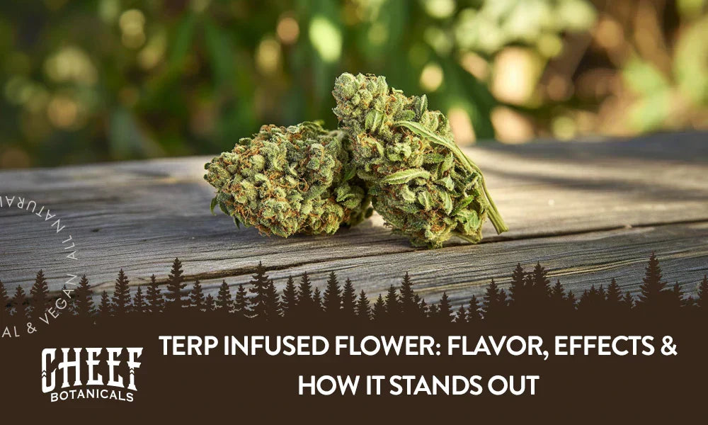 Two terp infused flower buds sitting on a wooden table with the title "Terp infused flower".