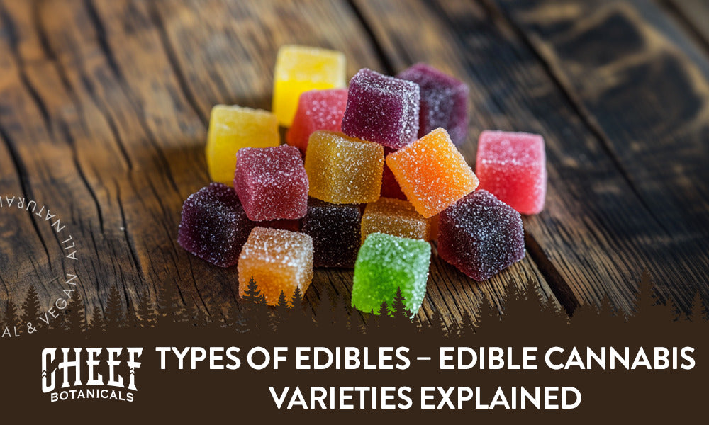 Types of Edibles featured blog image by Cheef Botanicals. Shows a pile of colorful cannabis gummy cubes.