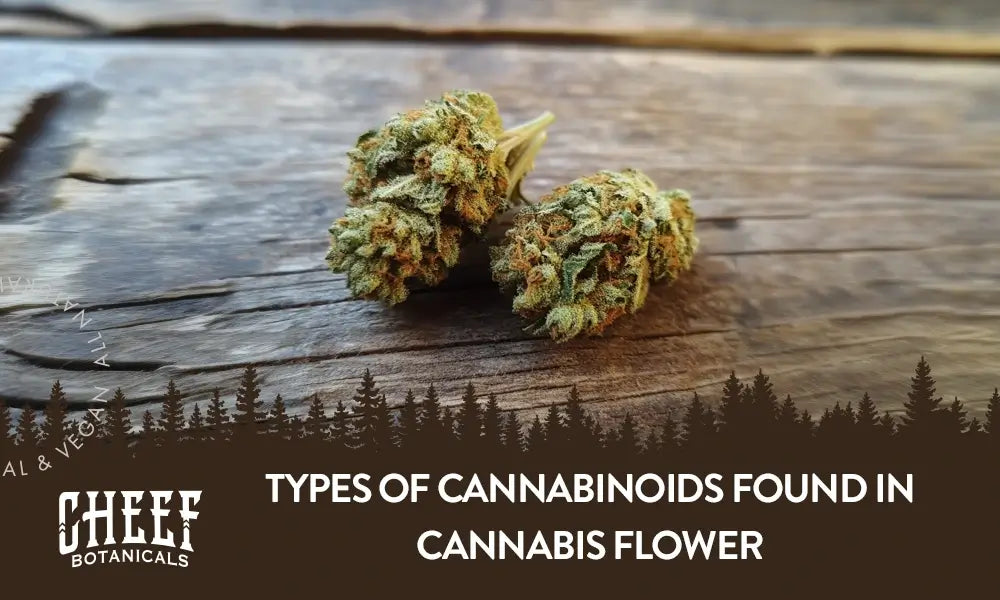 Two cannabis buds sitting on a wooden table with the title "Types of cannabinoids".