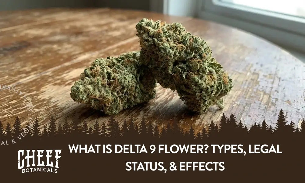 A couple Delta 9 cannabis buds sitting on a wooden table.