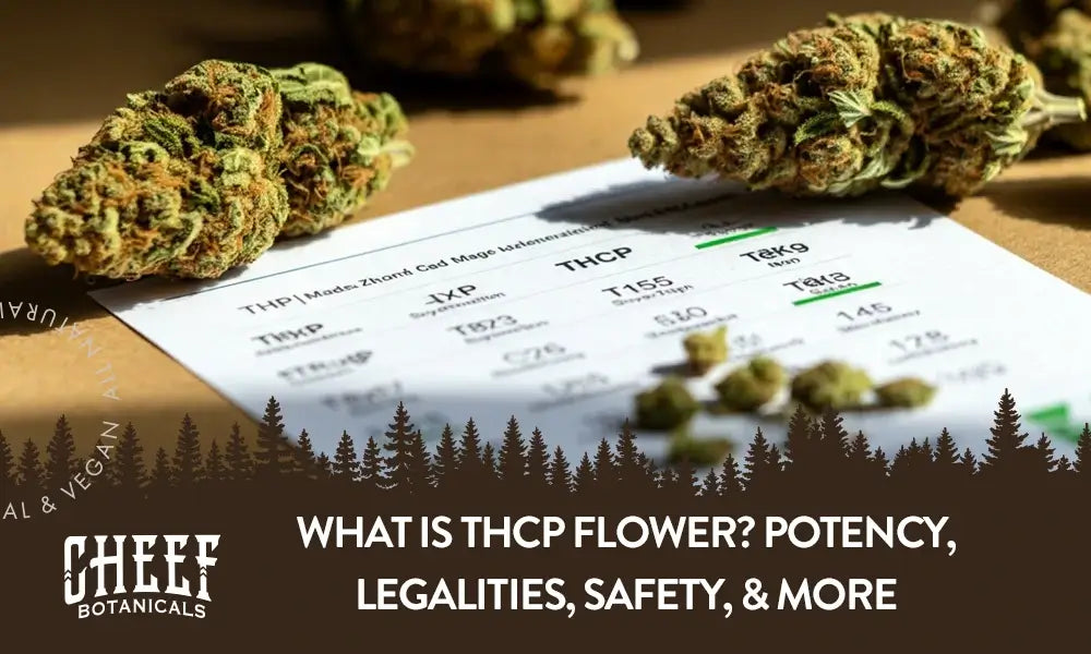 A bunch of THCp flower sitting on a piece of paper with the title "What is THCp flower".
