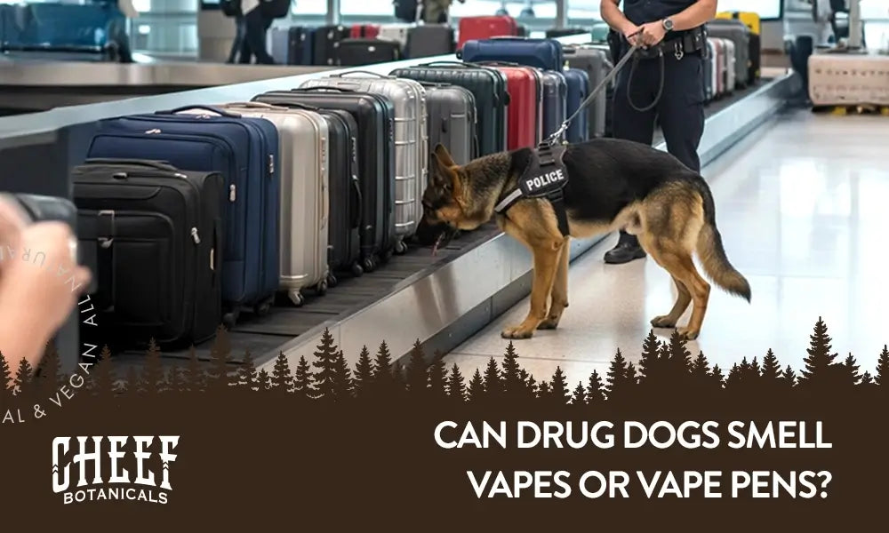Do Drug Dogs Smell Vapes featured blog image by Cheef Botanicals. Shows a police dog at the airport sniffing luggage