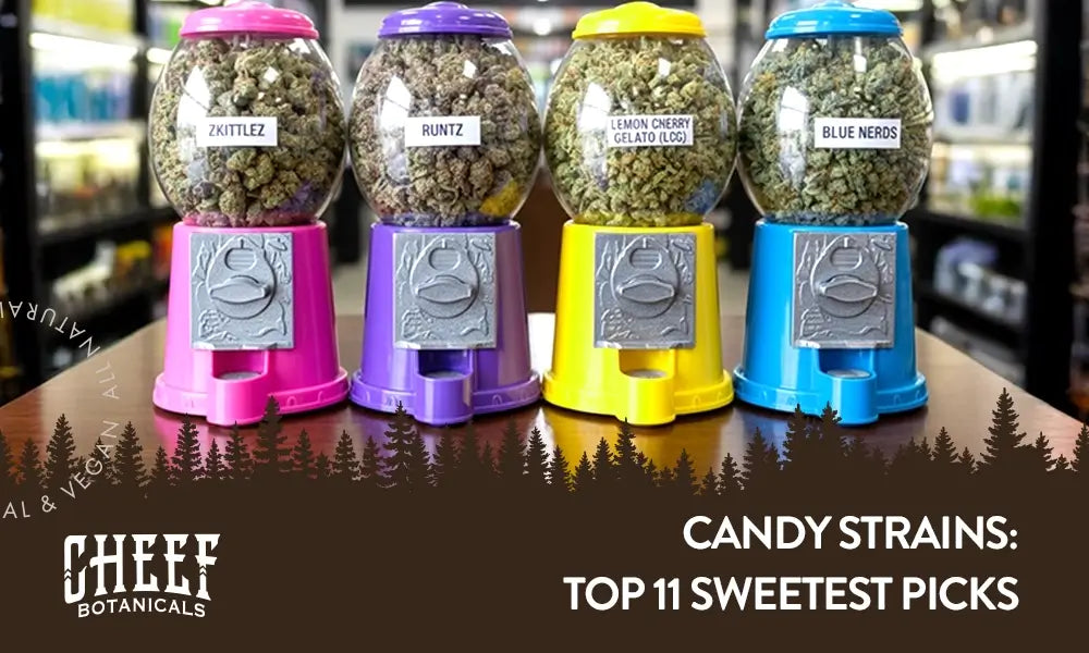 Candy Strains featured blog imagee by Cheef Botanicals. Shows 4 bubblegum machines each filled with a different "candy cannabis strains"