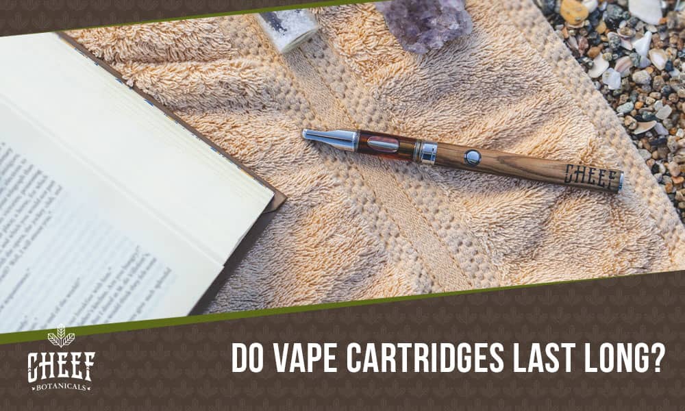 how long do vape cartridges last featured blog image by Cheef Botanicals. Shows a Cheef Botanicals vape pen (with a full vape cart) on a tan towel on beach pebbles.