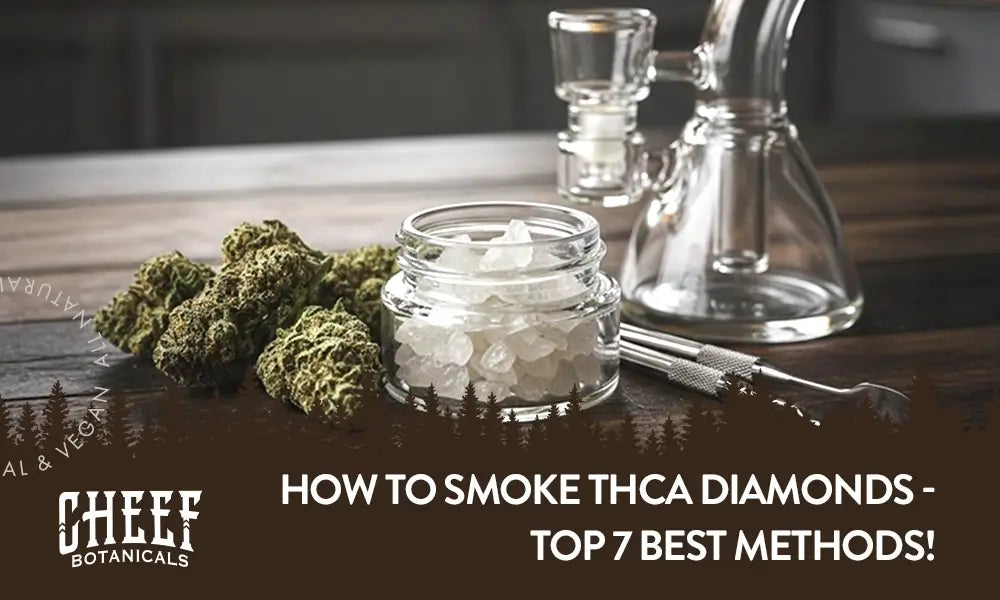 THCa diamonds sitting on a wooden table near cannabis buds and a dab rig with the title "How to smoke THCa diamonds".