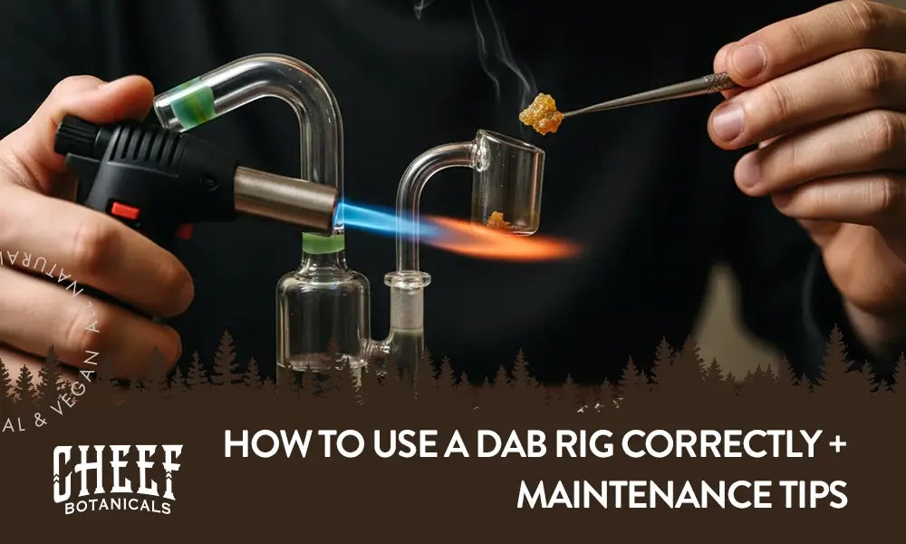 How To Use A Dab Rig featured blog image by Cheef Botanicals. Show a person's hands holding a lit torch to the banger on a dab rig and holding a dab tool loaded with concentrate with the other hand.