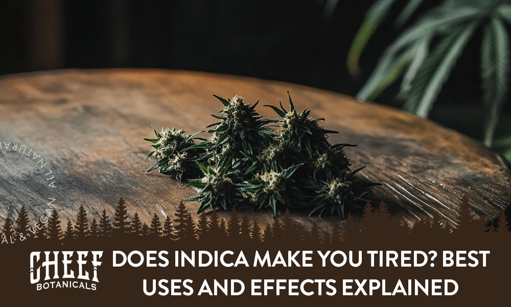 A bunch of indica cannabis flower sitting on a wooden table with the title "Does indica make you tired".