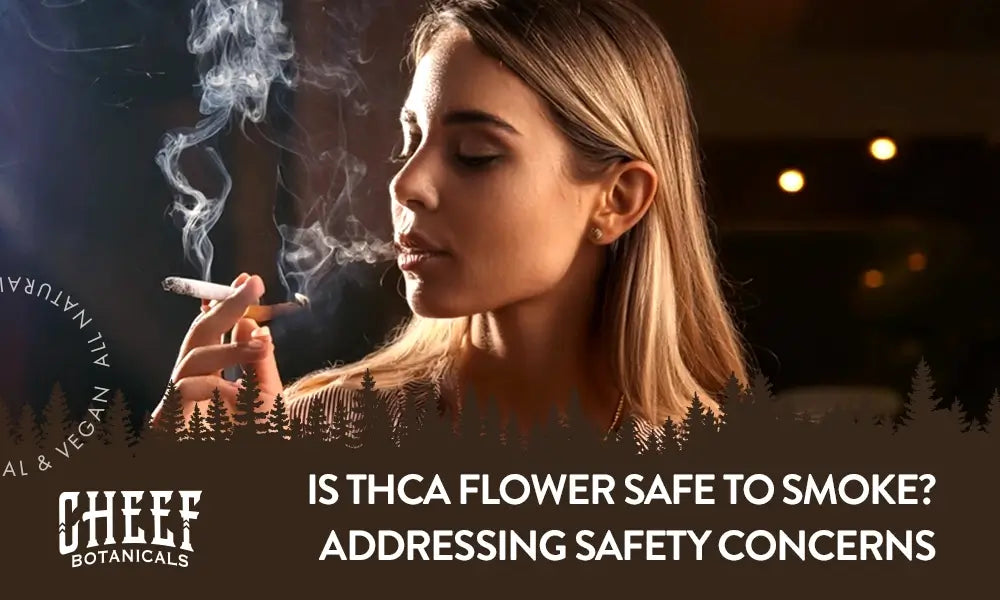 Cheef Botanicals featured image for "is thca flower safe to smoke" blog. Shows a blond woman smoking a joint.