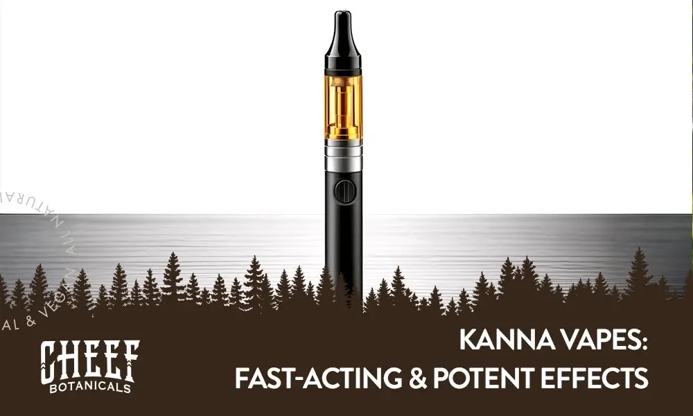 Kanna Vape featured blog image by Cheef Botanicals. Shows a vape pen standing upwards on a table top
