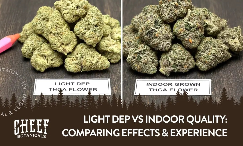 Light Dep vs Indoor Quality featured blog image by Cheef Botanicals. Shows a pile of light green light dep flower next to some darker green and slight purple indoor grown buds with heavy trichome coverage