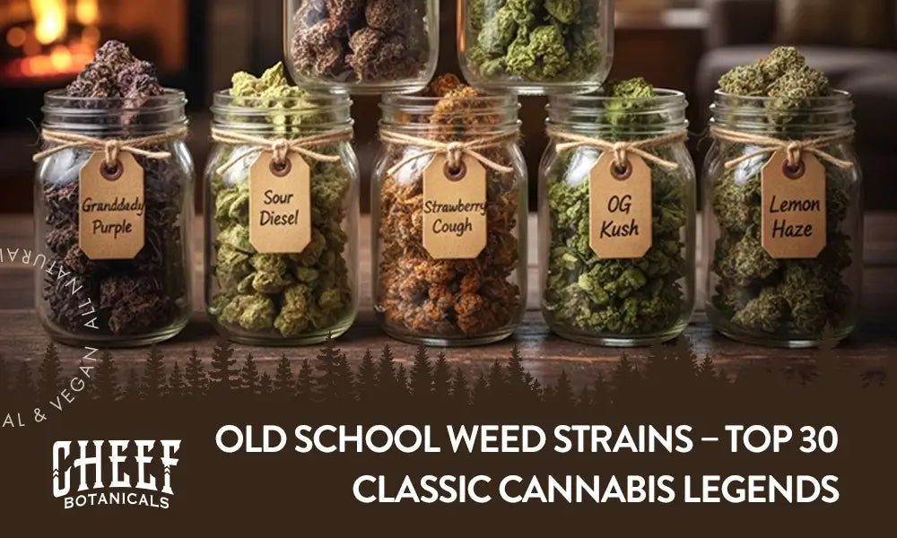 Old School Weed Strains featured blog image by Cheef Botanicals. Shows different legacy strains in mason jars with strains name tags