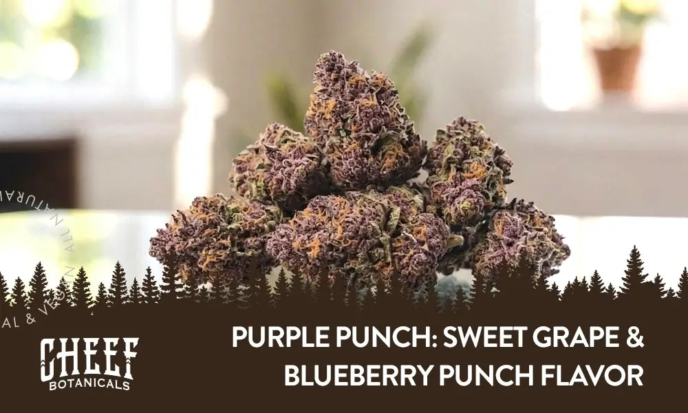 A bunch of Purple Punch cannabis buds sitting on a wooden table.