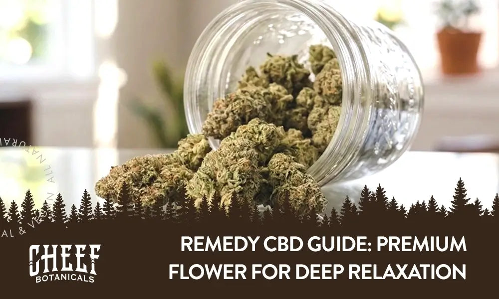 Remedy CBD featured blog image by Cheef Botanicals. Shows a tilted mason jar with Remedy CBD buds flowing from it.