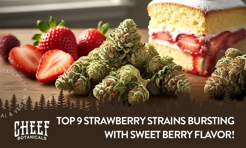 Strawberry Strains featured blog image by Cheef Botanicals. Shows a small pile of Strawberry Cough buds with some sliced strawberries and strawberry shortcake nearby.